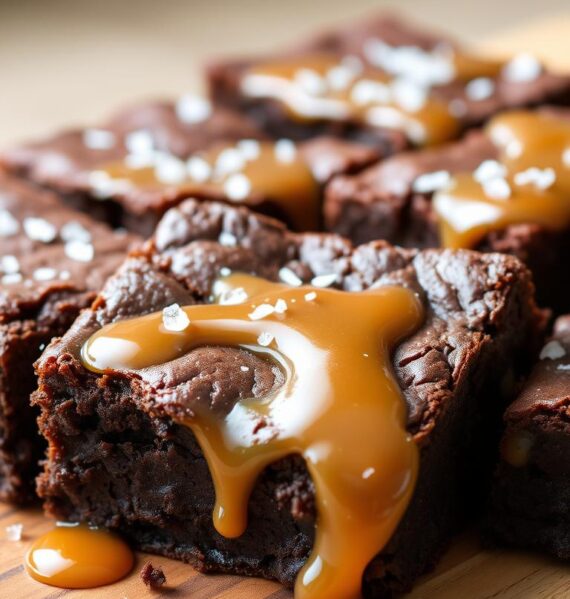 Salted caramel brownies, a decadent dessert with a rich, fudgy base and a gooey, caramel-infused topping. The brownies are freshly baked, with a crisp, crackly top that gives way to a soft, moist interior. Glistening caramel drips down the sides, creating a tempting contrast with the dark chocolate. Sprinkled with a dusting of flaky sea salt, the brownies emit an enticing aroma of sweet and salty. Arranged on a rustic wooden board, the dessert is highlighted by soft, natural lighting that casts a warm glow, evoking a cozy, indulgent atmosphere.