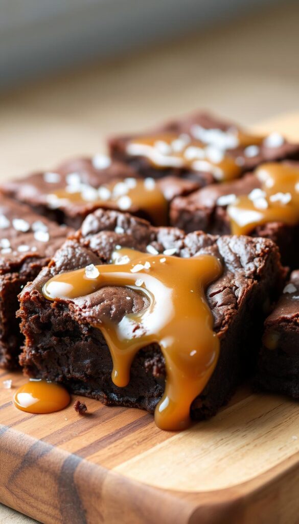 Salted caramel brownies, a decadent dessert with a rich, fudgy base and a gooey, caramel-infused topping. The brownies are freshly baked, with a crisp, crackly top that gives way to a soft, moist interior. Glistening caramel drips down the sides, creating a tempting contrast with the dark chocolate. Sprinkled with a dusting of flaky sea salt, the brownies emit an enticing aroma of sweet and salty. Arranged on a rustic wooden board, the dessert is highlighted by soft, natural lighting that casts a warm glow, evoking a cozy, indulgent atmosphere.