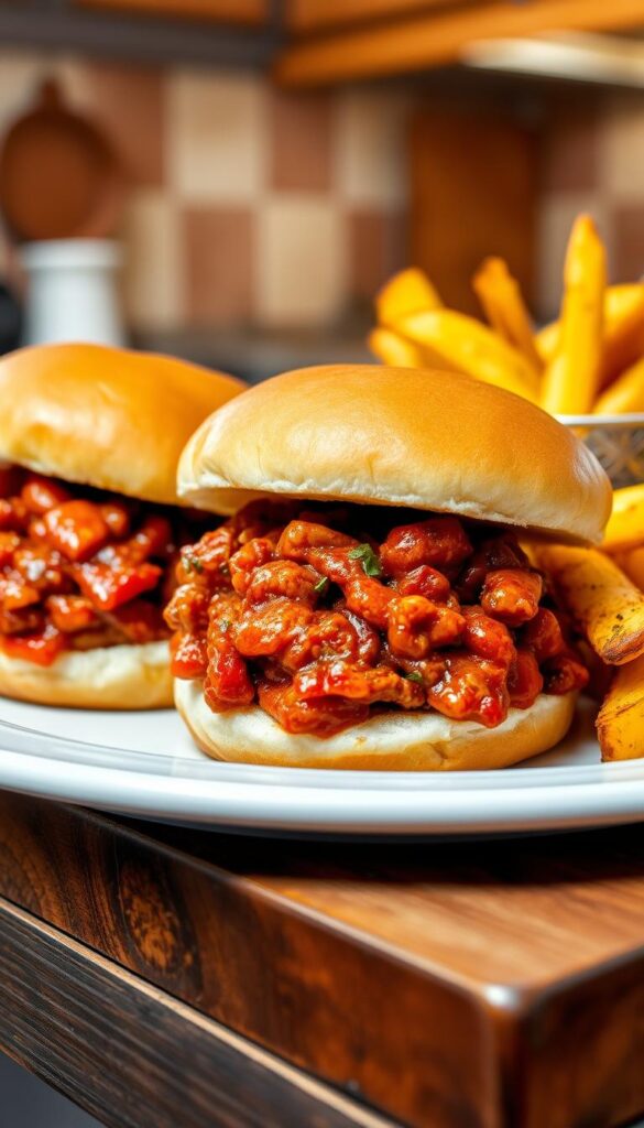 Sizzling sloppy joe burgers with tangy tomato-based sauce, nestled between soft, pillowy buns. Crisp golden-brown potato wedges, seasoned with a blend of herbs and spices, arranged alongside the sandwiches. The scene is set against a warm, inviting kitchen countertop, with soft, natural lighting casting a comforting glow. The vibrant colors and textures create a mouthwatering, family-friendly presentation that captures the essence of a hearty, homemade meal.