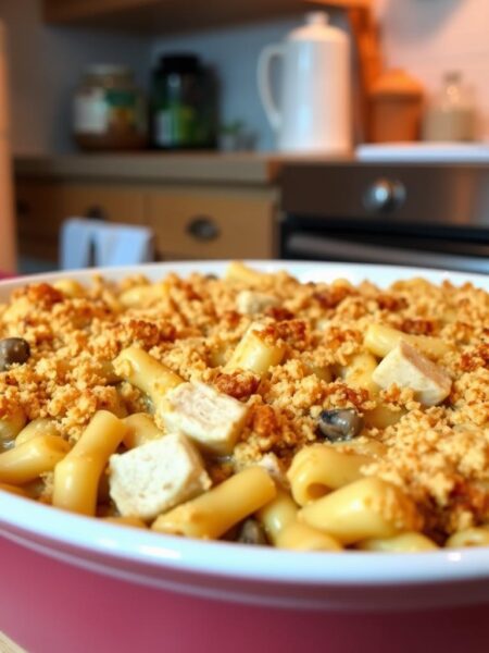 Tuna casserole with a creamy, mushroom-infused sauce, topped with buttery breadcrumbs and baked to a golden-brown perfection. Tender chunks of tuna nestled among al dente pasta in a cozy, homey dish. Warm, soft lighting illuminates the casserole, casting a comforting glow. Viewed from an angle, the casserole dish takes up the foreground, with a modest kitchen counter and simple decor in the background, suggesting an inviting, family-friendly atmosphere. The overall scene evokes a sense of affordable, nourishing home-cooking.