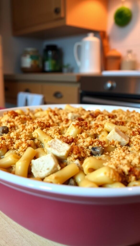 Tuna casserole with a creamy, mushroom-infused sauce, topped with buttery breadcrumbs and baked to a golden-brown perfection. Tender chunks of tuna nestled among al dente pasta in a cozy, homey dish. Warm, soft lighting illuminates the casserole, casting a comforting glow. Viewed from an angle, the casserole dish takes up the foreground, with a modest kitchen counter and simple decor in the background, suggesting an inviting, family-friendly atmosphere. The overall scene evokes a sense of affordable, nourishing home-cooking.
