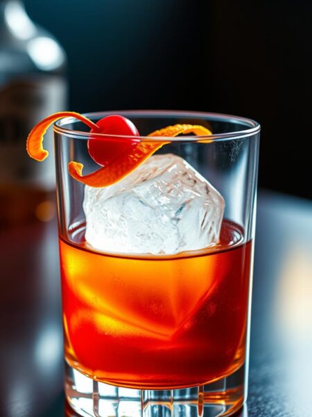a high-quality, detailed image of an old fashioned cocktail served in a classic rocks glass, with a single large ice cube, a twist of orange peel, and a maraschino cherry garnish. The cocktail is backlit with soft, warm lighting, creating a cozy, intimate atmosphere. The glass is set on a dark, polished wooden table, with a subtle reflection visible in the surface. The overall composition is balanced, with the cocktail as the central focus, surrounded by a clean, minimalist background that allows the drink to take center stage.