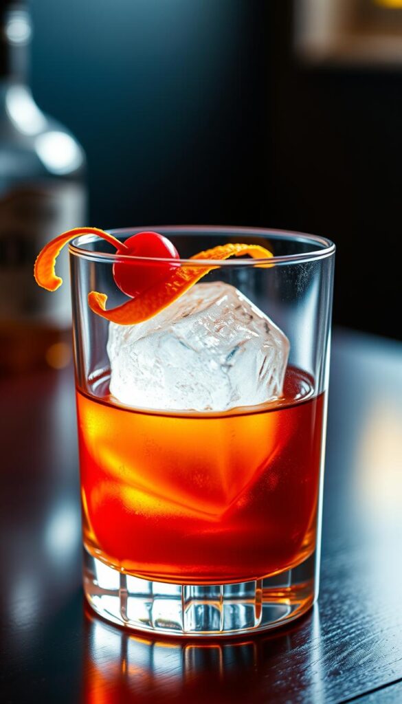 a high-quality, detailed image of an old fashioned cocktail served in a classic rocks glass, with a single large ice cube, a twist of orange peel, and a maraschino cherry garnish. The cocktail is backlit with soft, warm lighting, creating a cozy, intimate atmosphere. The glass is set on a dark, polished wooden table, with a subtle reflection visible in the surface. The overall composition is balanced, with the cocktail as the central focus, surrounded by a clean, minimalist background that allows the drink to take center stage.