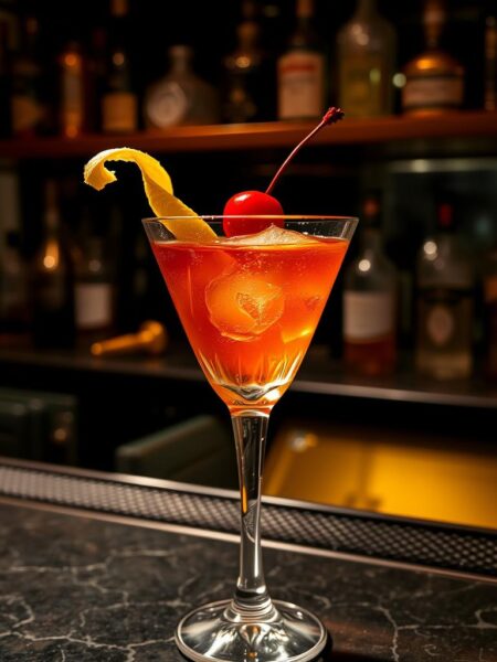 a sophisticated manhattan cocktail served in a classic crystal highball glass, garnished with a luxurious maraschino cherry and a twist of lemon peel, set against a moody, dimly-lit bar backdrop with gleaming brass fittings, wooden shelves, and a subtle play of warm and cool lighting creating a cozy, intimate ambiance, capturing the refined elegance and timeless appeal of this iconic whiskey-based mixed drink