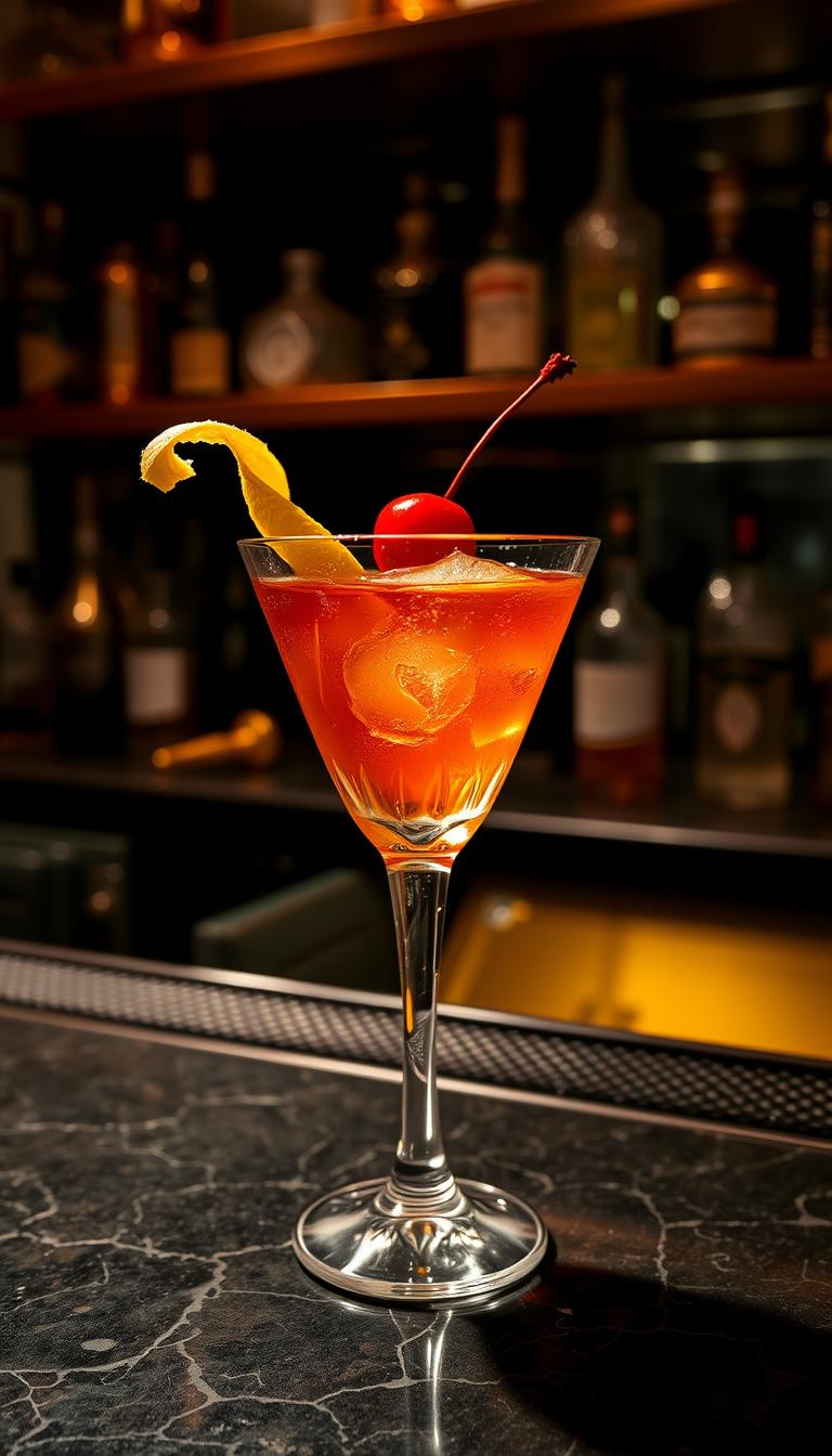 a sophisticated manhattan cocktail served in a classic crystal highball glass, garnished with a luxurious maraschino cherry and a twist of lemon peel, set against a moody, dimly-lit bar backdrop with gleaming brass fittings, wooden shelves, and a subtle play of warm and cool lighting creating a cozy, intimate ambiance, capturing the refined elegance and timeless appeal of this iconic whiskey-based mixed drink