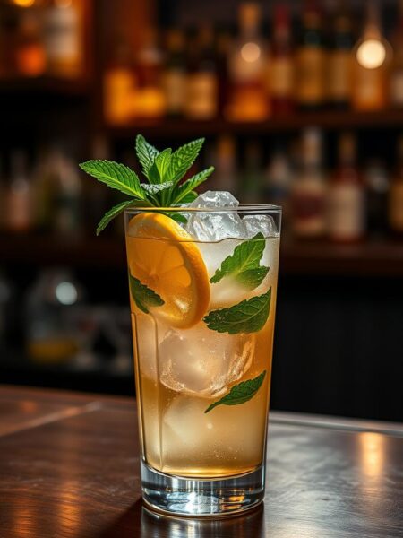 a whiskey smash cocktail served in a vintage-style lowball glass, with crushed ice, fresh mint leaves, a lemon wedge, and a sprig of mint as garnish, set against a blurred background of a well-stocked bar or lounge with warm, ambient lighting, creating a cozy, sophisticated atmosphere