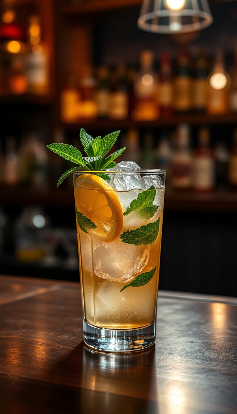 a whiskey smash cocktail served in a vintage-style lowball glass, with crushed ice, fresh mint leaves, a lemon wedge, and a sprig of mint as garnish, set against a blurred background of a well-stocked bar or lounge with warm, ambient lighting, creating a cozy, sophisticated atmosphere