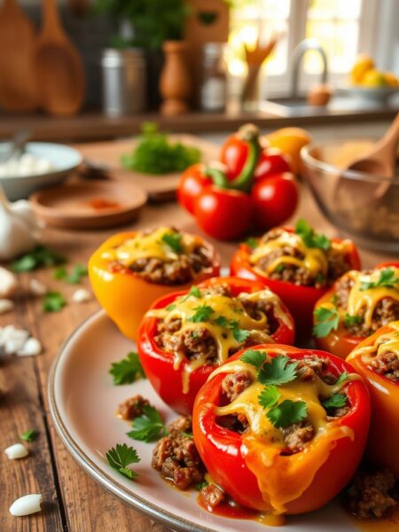 A beautifully arranged plate of Beef & Cheddar Stuffed Peppers showcasing vibrant bell peppers filled with a savory mix of seasoned ground beef, melted cheddar cheese, and aromatic herbs. In the foreground, the stuffed peppers are garnished with fresh parsley, dripping with cheese and juices, creating an appetizing close-up. The middle ground features a rustic wooden table adorned with kitchen utensils, fresh ingredients like minced garlic and diced onions, and a bowl of spices. The background reveals a softly blurred kitchen scene, illuminated by warm, natural light streaming through a window, giving a cozy and inviting atmosphere. The overall mood conveys the simplicity and comfort of home-cooked meals.