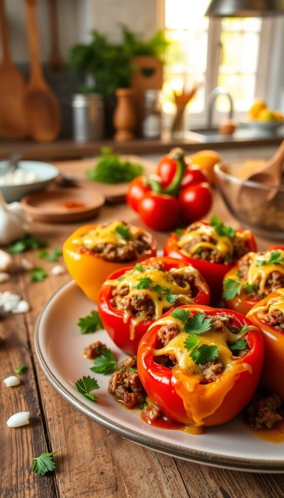 A beautifully arranged plate of Beef & Cheddar Stuffed Peppers showcasing vibrant bell peppers filled with a savory mix of seasoned ground beef, melted cheddar cheese, and aromatic herbs. In the foreground, the stuffed peppers are garnished with fresh parsley, dripping with cheese and juices, creating an appetizing close-up. The middle ground features a rustic wooden table adorned with kitchen utensils, fresh ingredients like minced garlic and diced onions, and a bowl of spices. The background reveals a softly blurred kitchen scene, illuminated by warm, natural light streaming through a window, giving a cozy and inviting atmosphere. The overall mood conveys the simplicity and comfort of home-cooked meals.