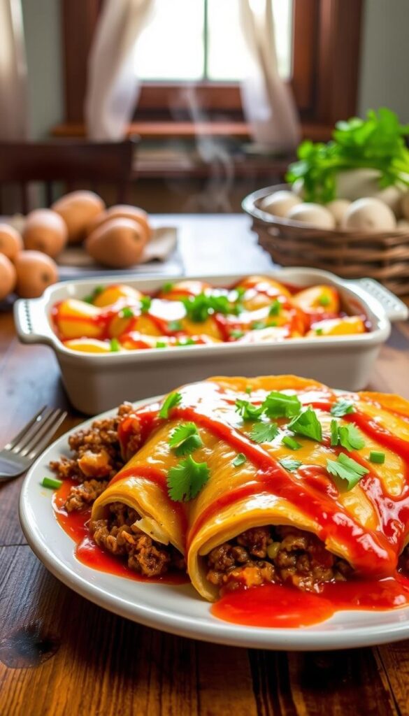 A beautifully arranged plate of Beef & Potato Enchilada Bake, showcasing layers of seasoned ground beef and tender potatoes, all enveloped in warm tortillas, topped with melted cheese and a sprinkle of fresh cilantro. In the foreground, a rustic wooden table complements a vibrant, colorful dish, with glistening enchiladas drizzled with rich enchilada sauce. In the middle, a ceramic casserole dish steam wafts gently upward, creating a homey atmosphere. In the background, soft, natural light pours in through a window, illuminating the warm tones of the dish and enhancing the inviting feel. A few fresh ingredients like uncut potatoes, a bunch of cilantro, and a fork rest nearby, evoking a sense of freshly prepared comfort food.