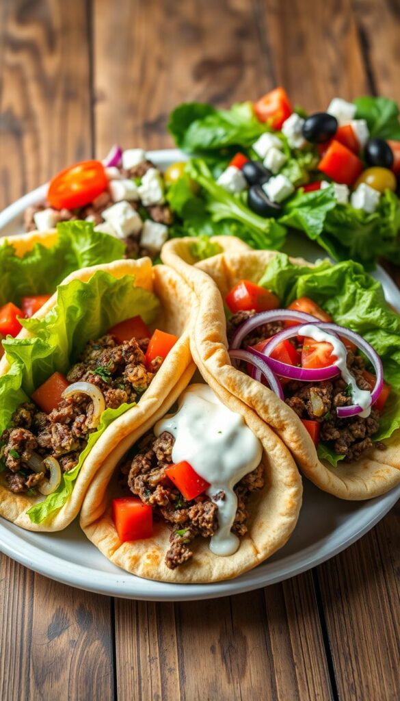 A beautifully arranged plate of Greek Beef Pitas, featuring warm, soft pita bread filled with seasoned ground beef sautéed with onions and aromatic herbs. In the foreground, show the pitas garnished with fresh vegetables like crisp lettuce, juicy tomatoes, and thinly sliced red onion, drizzled with creamy tzatziki sauce. The middle ground includes a vibrant Greek salad with feta and olives, complementing the pitas. The background consists of a rustic wooden table setting, with soft, natural lighting illuminating the dish. Capture the scene from a top-down angle to highlight the textures and colors of the ingredients, creating a warm, inviting atmosphere that evokes a sense of comfort and delicious home cooking.