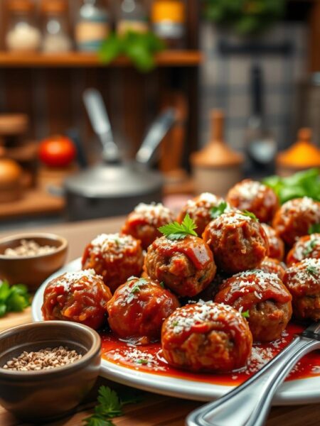 A beautifully arranged platter featuring golden-brown Ground Beef Parmesan Meatballs, garnished with fresh parsley and a sprinkle of grated Parmesan cheese. The meatballs should be glistening with a rich, savory tomato sauce, highlighting their texture and flavor. In the foreground, a wooden cutting board holds a small bowl of herbs and spices, while a fork gently rests beside the platter. In the middle ground, a rustic kitchen setting with warm, soft lighting creates an inviting atmosphere, showcasing wooden shelves filled with cooking ingredients. The background includes blurred kitchen utensils and fresh vegetables, adding depth without distraction. The overall mood is cozy and appetizing, evoking a sense of home-cooked comfort food. Shot with a shallow depth of field to focus on the meatballs, enhancing their delicious appeal.