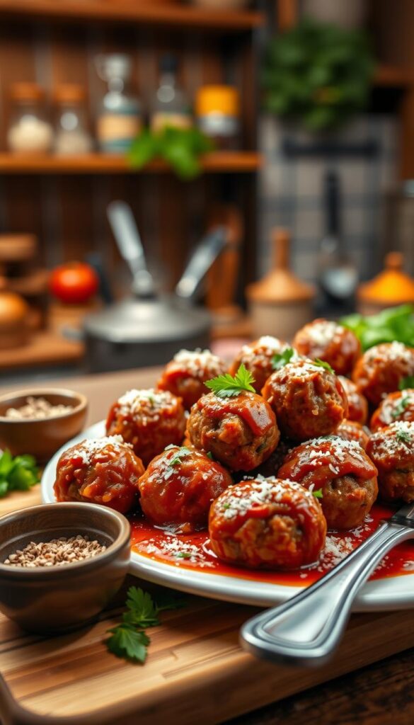 A beautifully arranged platter featuring golden-brown Ground Beef Parmesan Meatballs, garnished with fresh parsley and a sprinkle of grated Parmesan cheese. The meatballs should be glistening with a rich, savory tomato sauce, highlighting their texture and flavor. In the foreground, a wooden cutting board holds a small bowl of herbs and spices, while a fork gently rests beside the platter. In the middle ground, a rustic kitchen setting with warm, soft lighting creates an inviting atmosphere, showcasing wooden shelves filled with cooking ingredients. The background includes blurred kitchen utensils and fresh vegetables, adding depth without distraction. The overall mood is cozy and appetizing, evoking a sense of home-cooked comfort food. Shot with a shallow depth of field to focus on the meatballs, enhancing their delicious appeal.