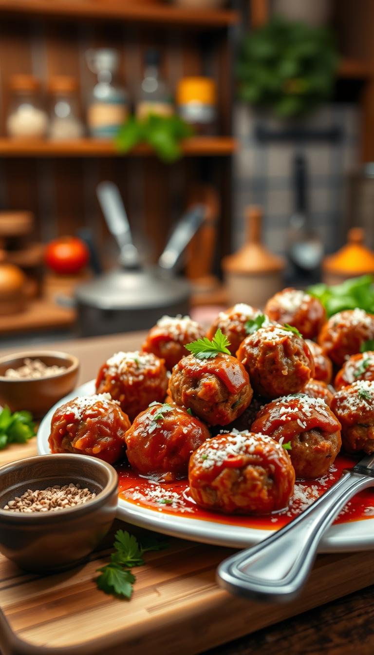 A beautifully arranged platter featuring golden-brown Ground Beef Parmesan Meatballs, garnished with fresh parsley and a sprinkle of grated Parmesan cheese. The meatballs should be glistening with a rich, savory tomato sauce, highlighting their texture and flavor. In the foreground, a wooden cutting board holds a small bowl of herbs and spices, while a fork gently rests beside the platter. In the middle ground, a rustic kitchen setting with warm, soft lighting creates an inviting atmosphere, showcasing wooden shelves filled with cooking ingredients. The background includes blurred kitchen utensils and fresh vegetables, adding depth without distraction. The overall mood is cozy and appetizing, evoking a sense of home-cooked comfort food. Shot with a shallow depth of field to focus on the meatballs, enhancing their delicious appeal.