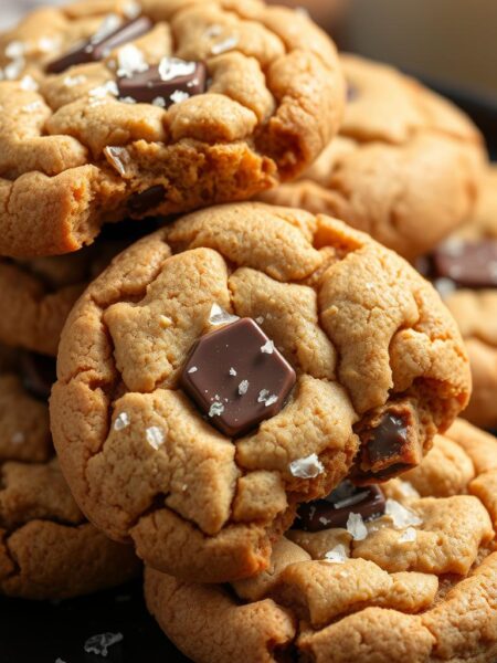 A close-up shot of a stack of freshly baked brown butter cookies, their surfaces flecked with crunchy sea salt crystals. The cookies are arranged on a matte black ceramic plate, casting soft shadows that accentuate their golden-brown hues. Warm, buttery aromas emanate from the image, hinting at the rich, nutty flavors within. The lighting is soft and diffused, creating a cozy, inviting atmosphere. The depth of field is shallow, drawing the viewer's attention to the intricate texture of the cookies' edges and the glistening chocolate chunks nestled within their tender interiors.