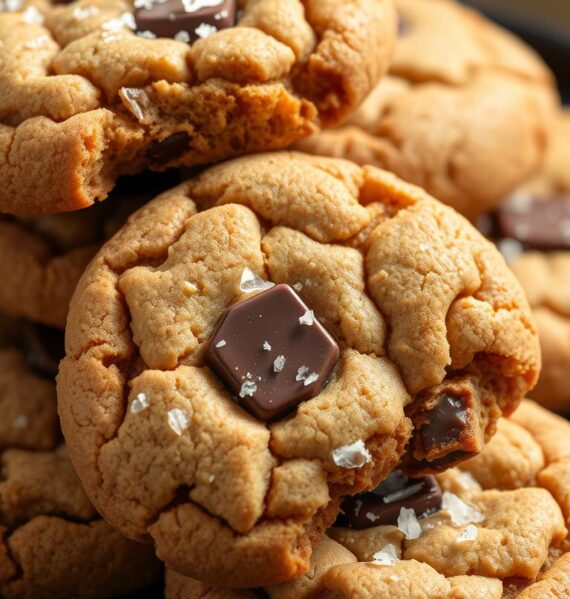 A close-up shot of a stack of freshly baked brown butter cookies, their surfaces flecked with crunchy sea salt crystals. The cookies are arranged on a matte black ceramic plate, casting soft shadows that accentuate their golden-brown hues. Warm, buttery aromas emanate from the image, hinting at the rich, nutty flavors within. The lighting is soft and diffused, creating a cozy, inviting atmosphere. The depth of field is shallow, drawing the viewer's attention to the intricate texture of the cookies' edges and the glistening chocolate chunks nestled within their tender interiors.