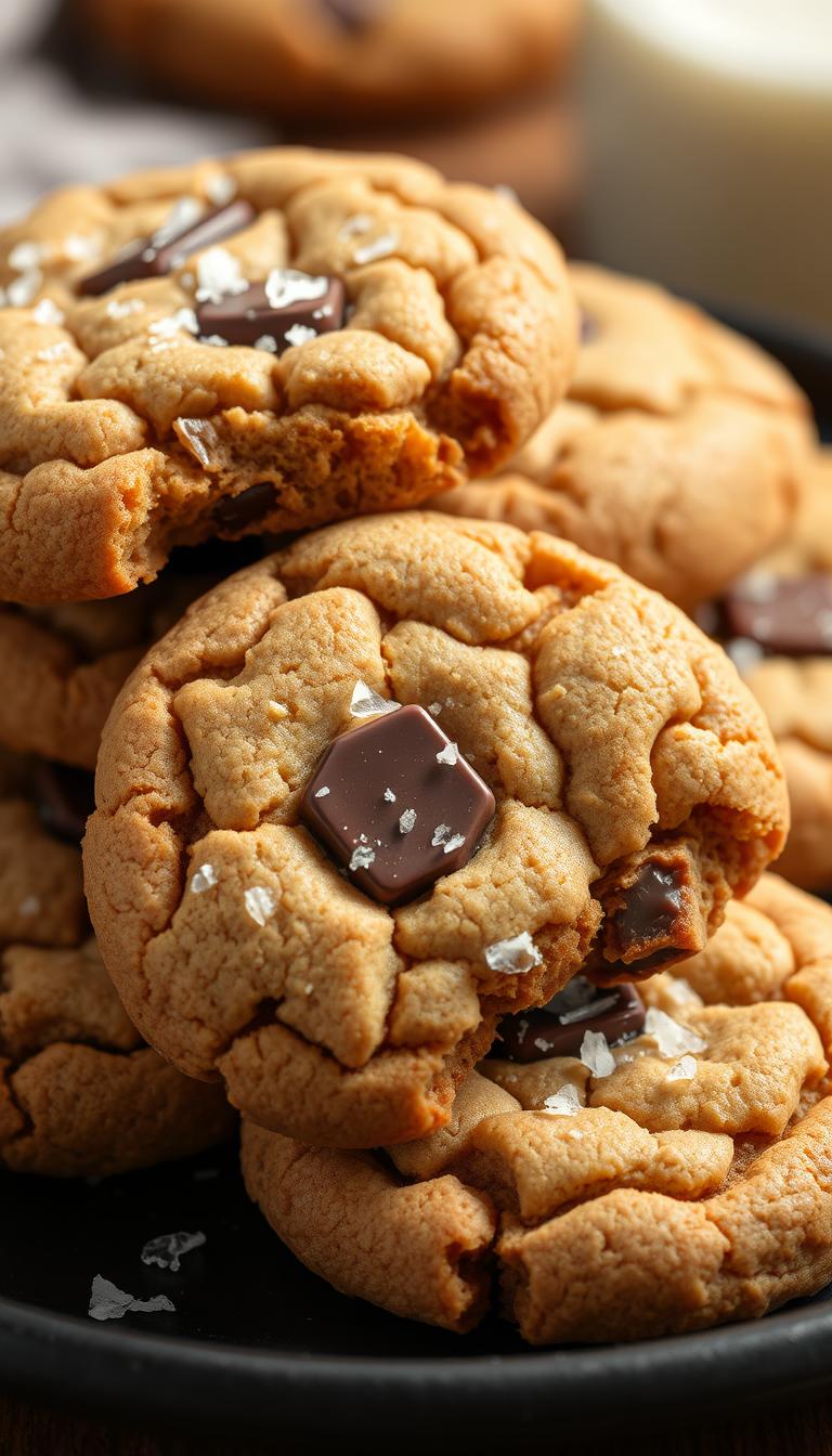 A close-up shot of a stack of freshly baked brown butter cookies, their surfaces flecked with crunchy sea salt crystals. The cookies are arranged on a matte black ceramic plate, casting soft shadows that accentuate their golden-brown hues. Warm, buttery aromas emanate from the image, hinting at the rich, nutty flavors within. The lighting is soft and diffused, creating a cozy, inviting atmosphere. The depth of field is shallow, drawing the viewer's attention to the intricate texture of the cookies' edges and the glistening chocolate chunks nestled within their tender interiors.