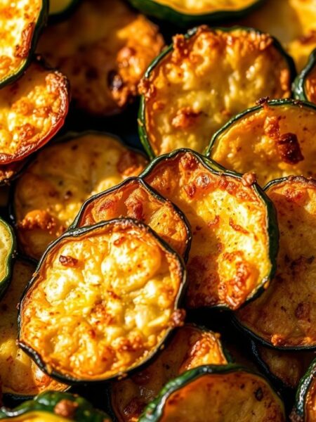 A close-up shot of crispy, golden-brown zucchini chips, freshly fried in an air fryer. The chips are arranged in a scattered pattern, glistening with a light coating of olive oil. The surface has an enticing, textured crispness, with visible specks of seasoning like garlic powder, paprika, and a hint of cayenne. The lighting is warm and natural, creating subtle shadows that accentuate the dimensional details of the chips. The background is blurred, keeping the focus solely on the appetizing zucchini snacks, ready to be savored.