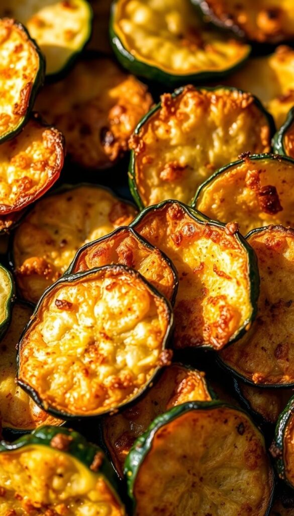 A close-up shot of crispy, golden-brown zucchini chips, freshly fried in an air fryer. The chips are arranged in a scattered pattern, glistening with a light coating of olive oil. The surface has an enticing, textured crispness, with visible specks of seasoning like garlic powder, paprika, and a hint of cayenne. The lighting is warm and natural, creating subtle shadows that accentuate the dimensional details of the chips. The background is blurred, keeping the focus solely on the appetizing zucchini snacks, ready to be savored.