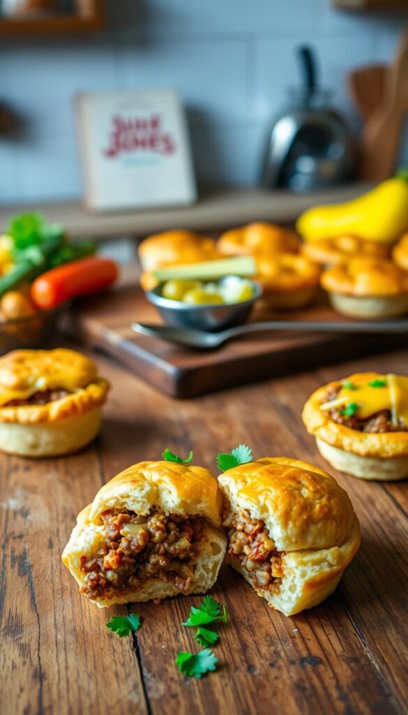 A close-up view of a rustic kitchen table featuring freshly baked Sloppy Joe Biscuit Cups, golden brown biscuits filled with savory ground beef, onions, and melted cheese. In the foreground, a couple of biscuits are broken apart, revealing their hearty filling, garnished with fresh parsley. In the middle, a wooden cutting board holds a small bowl of pickles and a serving spoon. The background includes a softly blurred kitchen setting with warm, ambient lighting that enhances the inviting atmosphere, complemented by elements like colorful vegetables and a vintage cookbook. Capture a cozy and homely mood, perfect for a family meal. Use a shallow depth of field to draw attention to the delicious dish while softly blurring the surrounding elements.