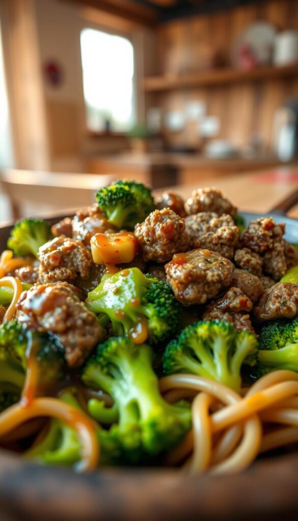 A close-up view of a vibrant Beef & Broccoli Ramen Stir Fry, featuring tender pieces of seasoned ground beef sautéed to perfection, nestled among crisp, bright green broccoli florets. The dish is served in a rustic bowl, with steaming ramen noodles intertwined with a glossy soy sauce glaze, showcasing the caramelized edges of the beef. In the background, an inviting kitchen setting bathed in soft, warm lighting creates a cozy atmosphere, with wooden surfaces and hints of fading sunlight peeking through a window. The image captures the savory appeal of the dish, with a slight depth of field focus on the stir fry while allowing gentle bokeh effects to softly blur the background elements.