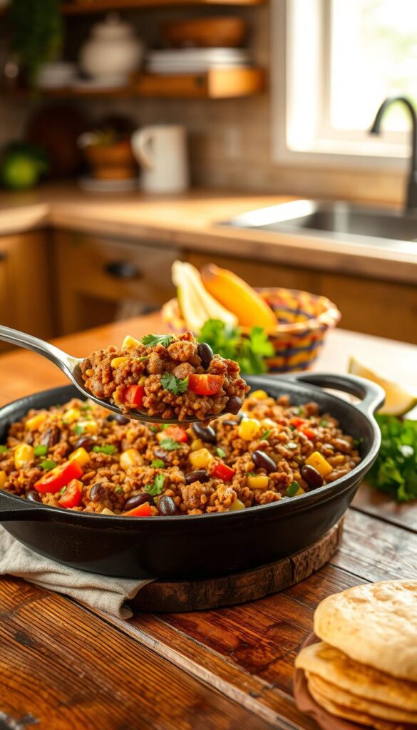 A vibrant Mexican Beef & Rice Skillet, brimming with flavorful ground beef, beans, and colorful vegetables including bell peppers, tomatoes, and corn. The dish is served in a rustic, cast-iron skillet atop a wooden table, with steam rising gently to indicate warmth. In the foreground, a serving spoon is poised over the skillet, highlighting the hearty texture of the meal. In the middle ground, a fresh garnish of cilantro and a wedge of lime add a splash of color, while a colorful woven tortilla basket sits nearby. The background features a soft-focus kitchen setting with warm, natural lighting that creates an inviting atmosphere, evoking a sense of home-cooked comfort and satisfaction.