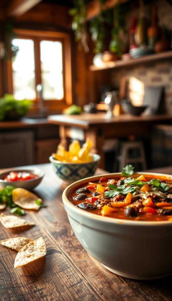 A vibrant and inviting scene featuring a bowl of beef enchilada soup, rich and hearty with ground beef, black beans, and colorful bell peppers, topped with fresh cilantro and a hint of cheese. In the foreground, the bowl is placed on a rustic wooden table, surrounded by a few tortilla chips and a small dish of salsa. The middle shows a warm kitchen with soft, natural lighting streaming in from a window, casting gentle shadows. In the background, hanging herbs and spices add a touch of coziness to the atmosphere. Use a shallow depth of field to focus on the soup, creating a warm, inviting mood that highlights the delicious ingredients and textures.