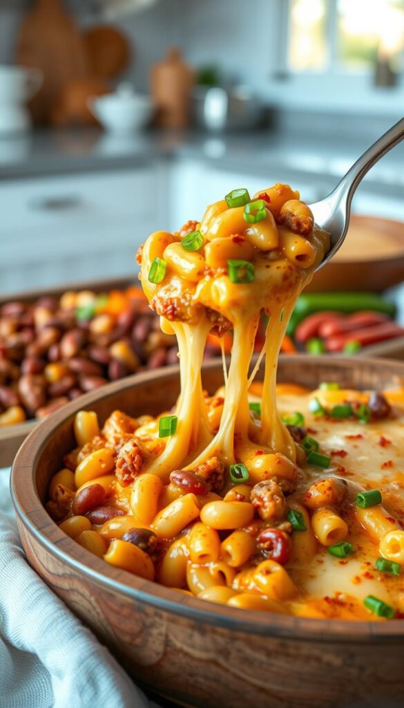 A visually appealing serving of chili mac and cheese bake, prominently placed in a rustic wooden dish, with a creamy, cheesy texture topped with a sprinkle of fresh green onions and a dash of red pepper flakes. The foreground features a generous portion, with gooey cheese stretching as a serving spoon lifts it from the bowl. In the middle ground, a colorful spread of ingredients like ground beef, kidney beans, and elbow macaroni is artistically arranged, showcasing the recipe's rich components. The background includes a softly blurred kitchen setting with warm, natural lighting, emphasizing a comforting home atmosphere. Use a slight overhead angle to capture all elements, creating an inviting and appetizing scene, perfect for enticing readers.