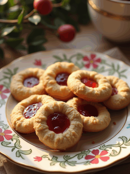 Create a warm and inviting image of a vintage-inspired porcelain plate overflowing with an assortment of Thumbprint Jam Cookies, each one uniquely adorned with a dollop of rich, fruity jam nestled within the craters of their crumbly, golden-brown surfaces. The cookies are arranged artfully on the plate, with some leaning against each other in a charming, rustic manner, as if they've been freshly baked and are awaiting their fate.