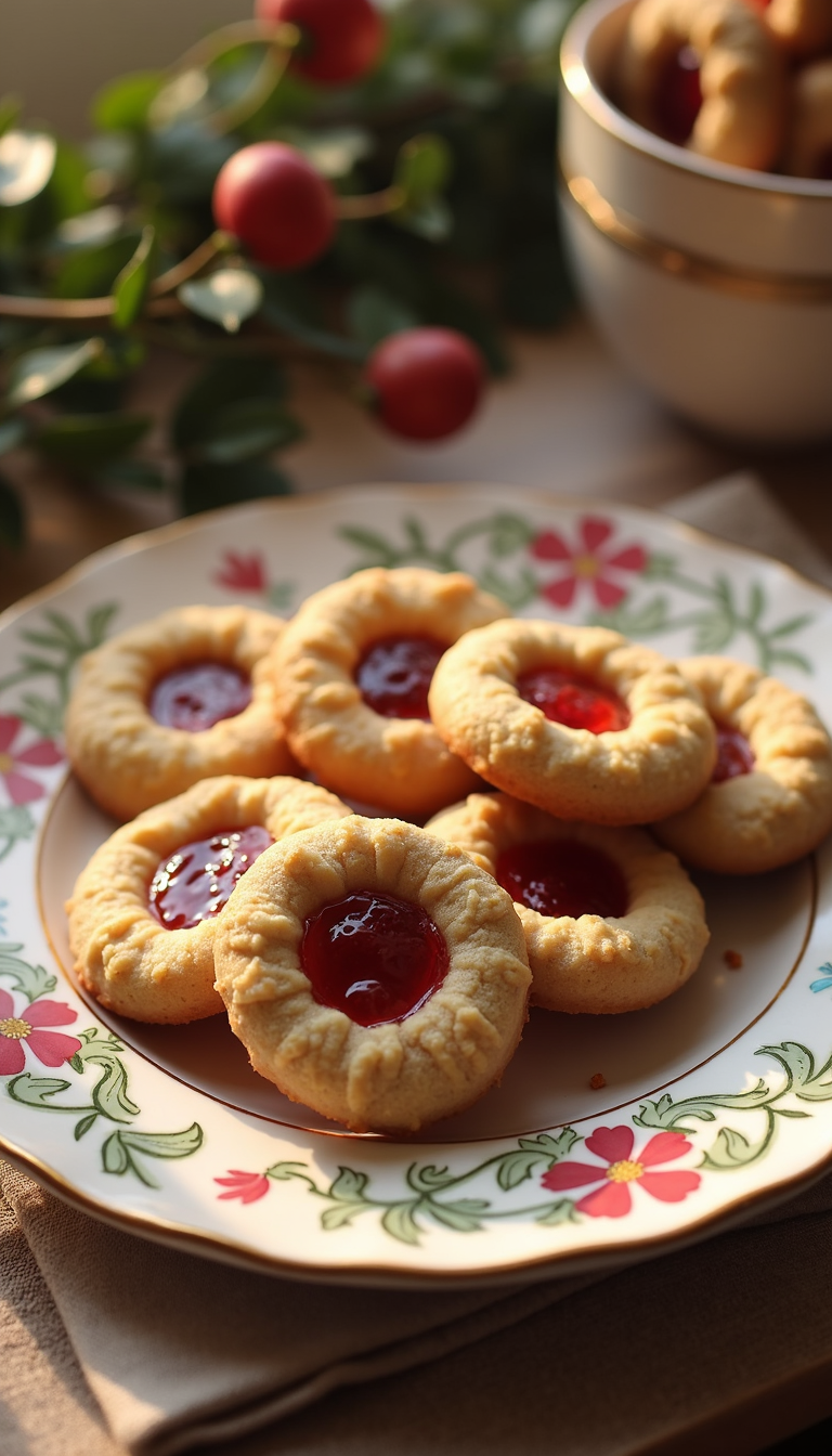 Create a warm and inviting image of a vintage-inspired porcelain plate overflowing with an assortment of Thumbprint Jam Cookies, each one uniquely adorned with a dollop of rich, fruity jam nestled within the craters of their crumbly, golden-brown surfaces. The cookies are arranged artfully on the plate, with some leaning against each other in a charming, rustic manner, as if they've been freshly baked and are awaiting their fate.