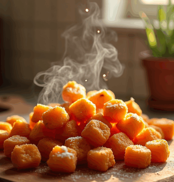 A close-up shot of a neatly arranged stack of crisp, golden-brown air fryer sweet potato tots, their crinkly edges glistening with a light seasoning. The tots are positioned on a rustic wooden surface, with a soft, neutral background that allows the vibrant orange hue of the potatoes to take center stage. The lighting is warm and natural, creating a cozy, inviting atmosphere. The image captures the irresistible texture and flavor of these healthy, yet indulgent, air-fried treats, perfectly showcasing the recipe's key ingredients and preparation method.