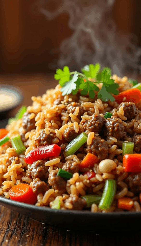  steaming hot plate of Beef & Veggie Fried Rice, set against a warm, golden-brown background,