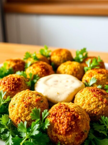 Crisp, golden-brown falafel balls freshly fried in an air fryer, served on a bed of vibrant green parsley leaves. The falafel is perfectly shaped, with a crispy outer shell and a soft, fluffy interior. In the middle ground, a creamy tahini sauce drizzled artfully over the falafel, adding a tangy, nutty flavor. The background features a simple, minimalist kitchen setting with clean white tiles and a wooden countertop, allowing the falafel to be the star of the scene. Warm, natural lighting casts a soft glow, highlighting the texture and colors of the dish. The overall mood is fresh, appetizing, and inviting, perfectly capturing the essence of air-fried falafel.