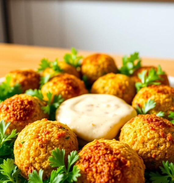 Crisp, golden-brown falafel balls freshly fried in an air fryer, served on a bed of vibrant green parsley leaves. The falafel is perfectly shaped, with a crispy outer shell and a soft, fluffy interior. In the middle ground, a creamy tahini sauce drizzled artfully over the falafel, adding a tangy, nutty flavor. The background features a simple, minimalist kitchen setting with clean white tiles and a wooden countertop, allowing the falafel to be the star of the scene. Warm, natural lighting casts a soft glow, highlighting the texture and colors of the dish. The overall mood is fresh, appetizing, and inviting, perfectly capturing the essence of air-fried falafel.