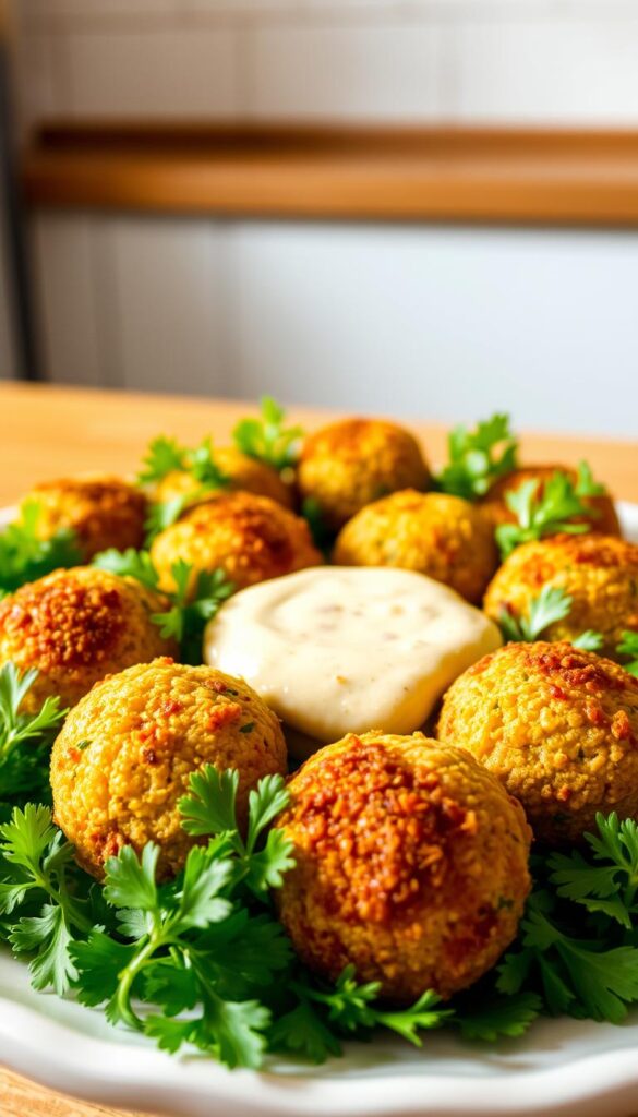 Crisp, golden-brown falafel balls freshly fried in an air fryer, served on a bed of vibrant green parsley leaves. The falafel is perfectly shaped, with a crispy outer shell and a soft, fluffy interior. In the middle ground, a creamy tahini sauce drizzled artfully over the falafel, adding a tangy, nutty flavor. The background features a simple, minimalist kitchen setting with clean white tiles and a wooden countertop, allowing the falafel to be the star of the scene. Warm, natural lighting casts a soft glow, highlighting the texture and colors of the dish. The overall mood is fresh, appetizing, and inviting, perfectly capturing the essence of air-fried falafel.