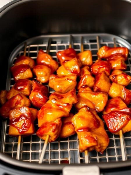 Crisp, golden-brown teriyaki chicken skewers sizzle on a stainless steel air fryer rack, the glistening glaze caramelized to perfection. Tender chunks of juicy chicken, marinated in a savory-sweet blend of soy sauce, honey, and garlic, are neatly impaled on sleek metal skewers, creating an appetizing arrangement against a backdrop of clean, modern kitchen tiles. Soft, ambient lighting casts a warm glow, accentuating the enticing textures and colors. The scene evokes a mouthwatering blend of Asian-inspired flavors and the convenience of air-fried cooking, capturing the essence of the "Air Fryer Teriyaki Chicken Skewers" dish.