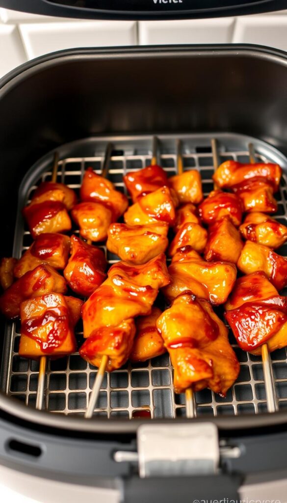 Crisp, golden-brown teriyaki chicken skewers sizzle on a stainless steel air fryer rack, the glistening glaze caramelized to perfection. Tender chunks of juicy chicken, marinated in a savory-sweet blend of soy sauce, honey, and garlic, are neatly impaled on sleek metal skewers, creating an appetizing arrangement against a backdrop of clean, modern kitchen tiles. Soft, ambient lighting casts a warm glow, accentuating the enticing textures and colors. The scene evokes a mouthwatering blend of Asian-inspired flavors and the convenience of air-fried cooking, capturing the essence of the "Air Fryer Teriyaki Chicken Skewers" dish.