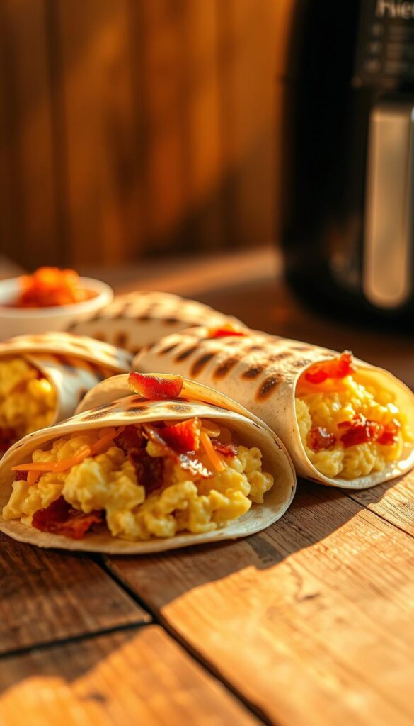 Mouth-watering air fryer breakfast burritos, freshly grilled tortillas stuffed with fluffy scrambled eggs, crispy bacon, melted cheddar cheese, and a hint of spicy salsa. The burritos are arranged on a rustic wooden table, bathed in warm, golden light that casts a soft, inviting glow. The scene is captured from a slightly elevated angle, creating a sense of depth and texture. The burritos are the focal point, surrounded by a minimalist background that allows the vibrant colors and textures of the dish to take center stage. The overall atmosphere is one of comfort, simplicity, and the irresistible aroma of a satisfying breakfast.