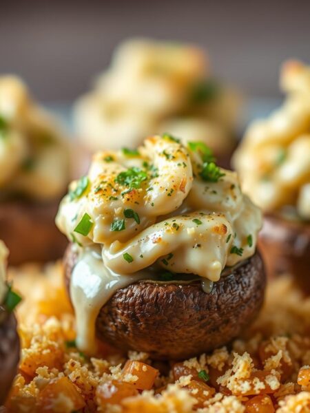 Succulent air fryer-baked mushrooms, their caps stuffed with a savory blend of cream cheese, parmesan, garlic, and fresh herbs. The mushrooms sit atop a bed of crisp, golden-brown breadcrumbs, illuminated by warm, natural lighting. A shallow depth of field focuses the viewer's attention on the delectable, oozing filling, while the background fades into a softly blurred, neutral tone, creating a mouthwatering, elegant presentation.