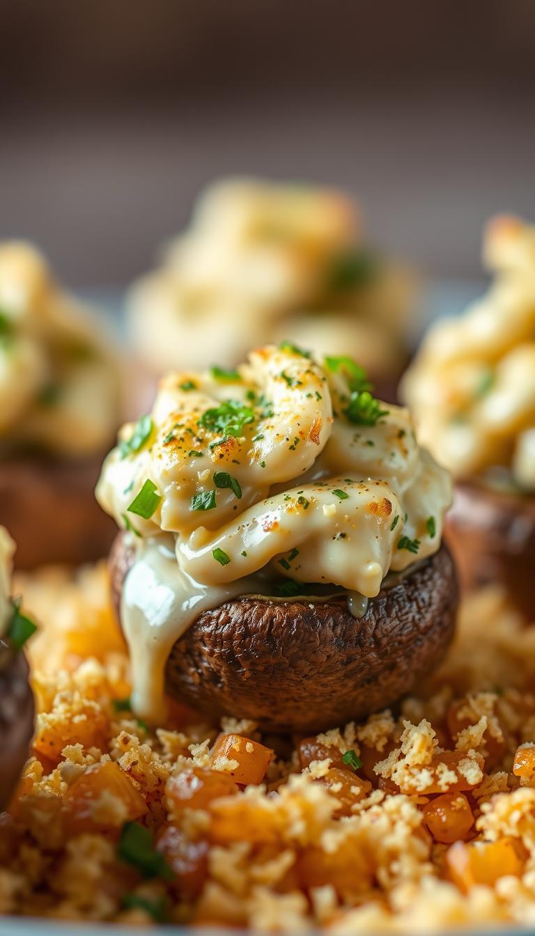 Succulent air fryer-baked mushrooms, their caps stuffed with a savory blend of cream cheese, parmesan, garlic, and fresh herbs. The mushrooms sit atop a bed of crisp, golden-brown breadcrumbs, illuminated by warm, natural lighting. A shallow depth of field focuses the viewer's attention on the delectable, oozing filling, while the background fades into a softly blurred, neutral tone, creating a mouthwatering, elegant presentation.