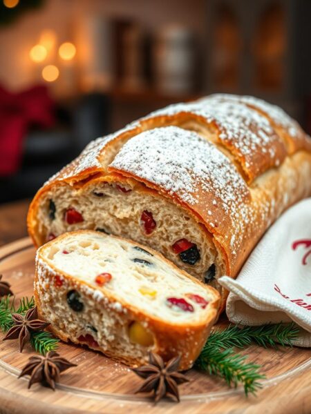 A beautifully arranged classic Christmas stollen, featuring a golden-brown crust dusted with powdered sugar, showcasing its rich texture filled with colorful dried fruits, nuts, and spices. In the foreground, a sliced piece of stollen reveals its moist, fruity interior. Surrounding the bread, delicate sprigs of evergreen and some star anise pods create a festive touch. The background features a softly lit kitchen setting with warm, inviting lighting, enhancing the cozy holiday atmosphere. A wooden cutting board rests beneath the stollen, while a festive cloth napkin drapes artfully beside it. The composition is shot from a slightly elevated angle, capturing both the delicious details of the stollen and the warm ambiance of a Christmas kitchen.