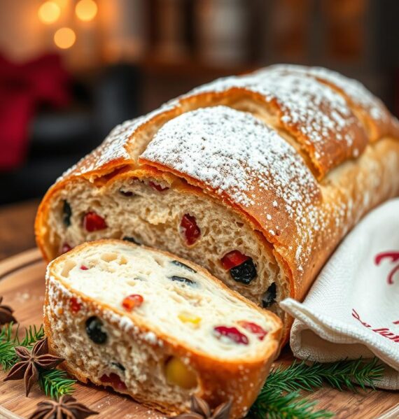 A beautifully arranged classic Christmas stollen, featuring a golden-brown crust dusted with powdered sugar, showcasing its rich texture filled with colorful dried fruits, nuts, and spices. In the foreground, a sliced piece of stollen reveals its moist, fruity interior. Surrounding the bread, delicate sprigs of evergreen and some star anise pods create a festive touch. The background features a softly lit kitchen setting with warm, inviting lighting, enhancing the cozy holiday atmosphere. A wooden cutting board rests beneath the stollen, while a festive cloth napkin drapes artfully beside it. The composition is shot from a slightly elevated angle, capturing both the delicious details of the stollen and the warm ambiance of a Christmas kitchen.