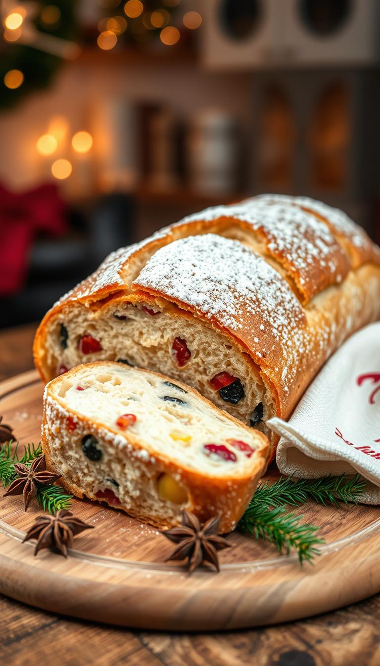 A beautifully arranged classic Christmas stollen, featuring a golden-brown crust dusted with powdered sugar, showcasing its rich texture filled with colorful dried fruits, nuts, and spices. In the foreground, a sliced piece of stollen reveals its moist, fruity interior. Surrounding the bread, delicate sprigs of evergreen and some star anise pods create a festive touch. The background features a softly lit kitchen setting with warm, inviting lighting, enhancing the cozy holiday atmosphere. A wooden cutting board rests beneath the stollen, while a festive cloth napkin drapes artfully beside it. The composition is shot from a slightly elevated angle, capturing both the delicious details of the stollen and the warm ambiance of a Christmas kitchen.