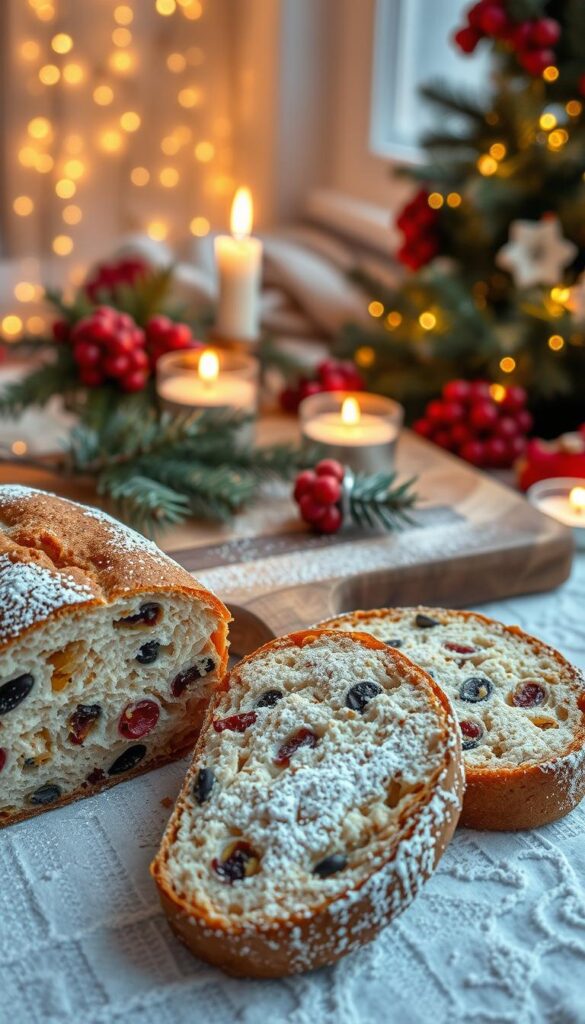 A beautifully arranged classic Christmas stollen, showcasing a rich, golden-brown crust dusted with powdered sugar. In the foreground, the sliced stollen reveals its dense, moist interior studded with vibrant dried fruits, nuts, and a hint of marzipan, glistening under soft, warm lighting. In the middle, a rustic wooden cutting board enhances the cozy, festive atmosphere, surrounded by flickering candlelight and pine branches adorned with red berries. In the background, a softly blurred winter scene with twinkling fairy lights and a tastefully decorated Christmas tree adds to the holiday spirit. The image captures a serene and inviting mood, perfect for celebrating the traditions of the season.