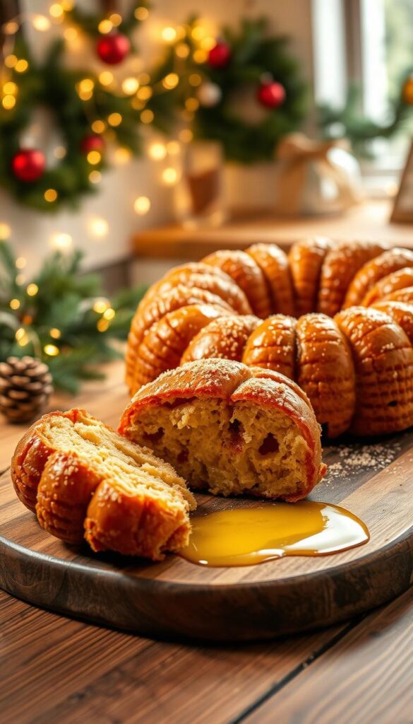 A beautifully arranged holiday monkey bread sits on a festive wooden table, surrounded by twinkling fairy lights and pine branches. The pull-apart bread, golden brown and glossy, is sprinkled with cinnamon and sugar, showcasing its gooey, caramelized pull-apart sections. In the foreground, a rustic cutting board displays a few pieces of the bread, with warm, melted butter pooling enticingly underneath. The background features a softly lit kitchen setting adorned with holiday decorations, such as garlands and ornaments, creating a cozy, inviting atmosphere. The warm, soft lighting highlights the texture of the bread, evoking a sense of joy and celebration. Shot with a shallow depth of field to emphasize the delicious details of the monkey bread, this image captures the spirit of the holiday season.