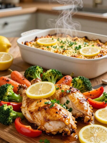 A beautifully arranged lemon garlic chicken bake displayed on a rustic wooden table. In the foreground, tender chicken pieces glistening with a golden-brown glaze, garnished with fresh parsley and thin slices of lemon. Surrounding the chicken, vibrant vegetables like broccoli, bell peppers, and carrots, roasted to perfection with a hint of char. In the middle ground, a baking dish with a crispy topping, showcasing steam wafting up to indicate warmth and freshness. The background features a softly lit kitchen setting with warm, inviting lighting that creates a cozy atmosphere. The angle captures the dish at a slight elevation, emphasizing the textures and colors of the ingredients, making it look appetizing and homely.