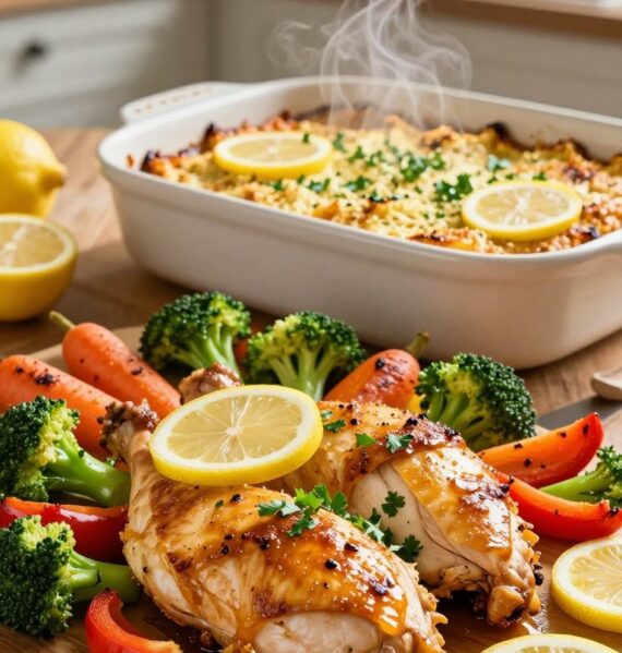 A beautifully arranged lemon garlic chicken bake displayed on a rustic wooden table. In the foreground, tender chicken pieces glistening with a golden-brown glaze, garnished with fresh parsley and thin slices of lemon. Surrounding the chicken, vibrant vegetables like broccoli, bell peppers, and carrots, roasted to perfection with a hint of char. In the middle ground, a baking dish with a crispy topping, showcasing steam wafting up to indicate warmth and freshness. The background features a softly lit kitchen setting with warm, inviting lighting that creates a cozy atmosphere. The angle captures the dish at a slight elevation, emphasizing the textures and colors of the ingredients, making it look appetizing and homely.
