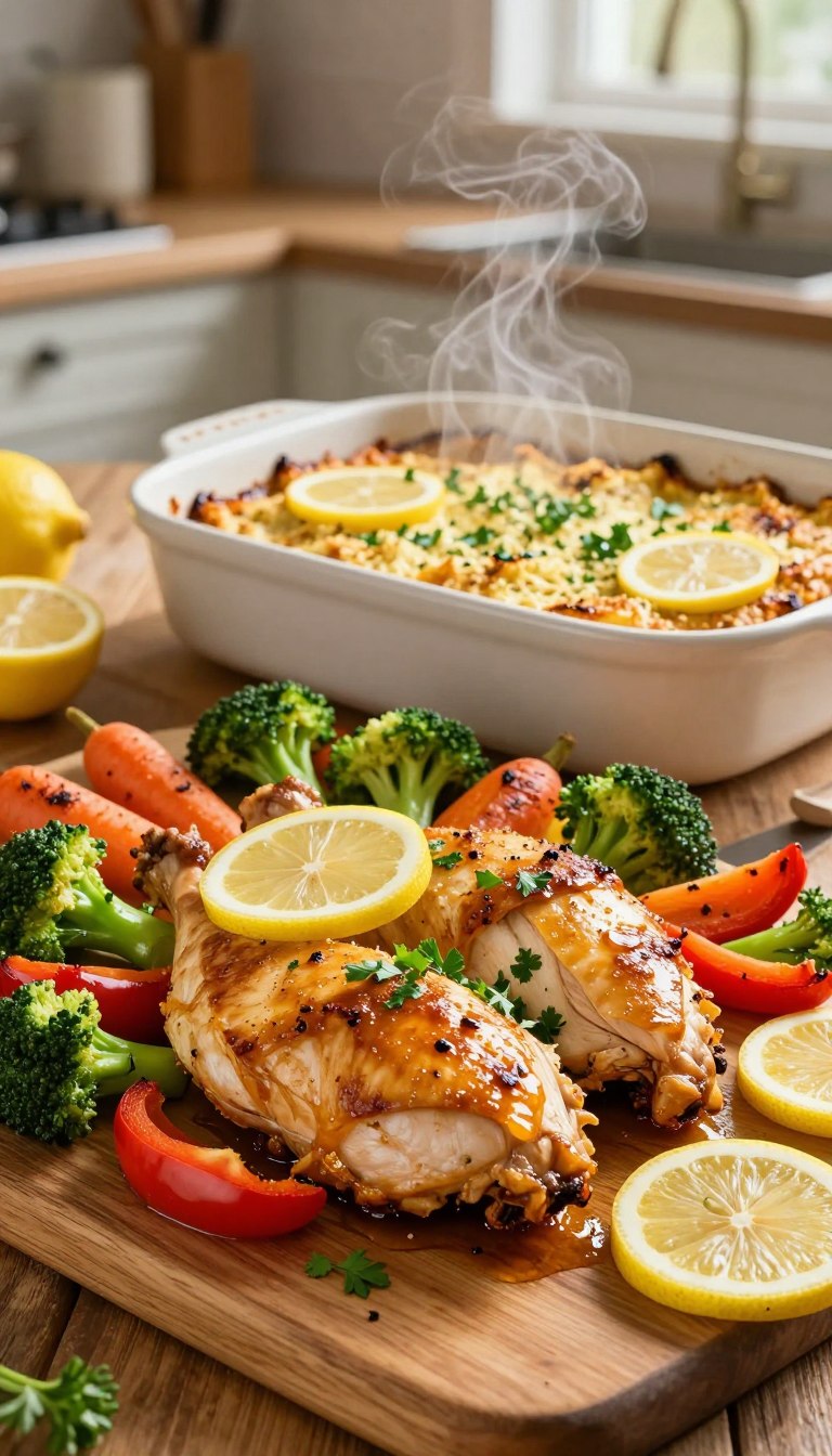 A beautifully arranged lemon garlic chicken bake displayed on a rustic wooden table. In the foreground, tender chicken pieces glistening with a golden-brown glaze, garnished with fresh parsley and thin slices of lemon. Surrounding the chicken, vibrant vegetables like broccoli, bell peppers, and carrots, roasted to perfection with a hint of char. In the middle ground, a baking dish with a crispy topping, showcasing steam wafting up to indicate warmth and freshness. The background features a softly lit kitchen setting with warm, inviting lighting that creates a cozy atmosphere. The angle captures the dish at a slight elevation, emphasizing the textures and colors of the ingredients, making it look appetizing and homely.