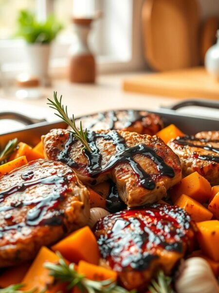 A beautifully arranged one-pan dish featuring succulent, perfectly seared pork chops nestled among caramelized sweet potato cubes. The foreground showcases the vibrant orange of the sweet potatoes contrasting with the golden-brown crust of the pork chops, drizzled with a glossy balsamic glaze. Fresh rosemary sprigs and garlic cloves are scattered around the dish, adding an aromatic touch. In the background, a softly blurred kitchen setting with warm, natural light streaming in through a window enhances the welcoming atmosphere. The overall mood is inviting and comforting, ideal for a casual family dinner. The image is captured from a slightly elevated angle, emphasizing the textures and colors of the food, with a shallow depth of field to keep the focus on the dish.