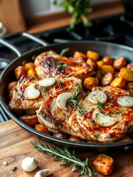 A beautifully arranged one-pan meal featuring perfectly cooked pork chops with a golden-brown sear, garnished with fresh herbs and slices of garlic. The pork chops are surrounded by vibrant, roasted baby potatoes, some crisped to perfection, and sprinkled with rosemary and thyme. The foreground showcases a well-used rustic wooden cutting board, with a few scattered garlic cloves and a sprig of parsley as decoration. In the middle, the pan is placed on a stove, with warm, inviting lighting that highlights the rich colors of the dish. The background reflects a cozy kitchen setting with soft-focus elements like hanging herbs and a hint of kitchen utensils, contributing to a homey atmosphere. The overall mood is warm and inviting, making viewers hungry to try this quick and delicious meal.